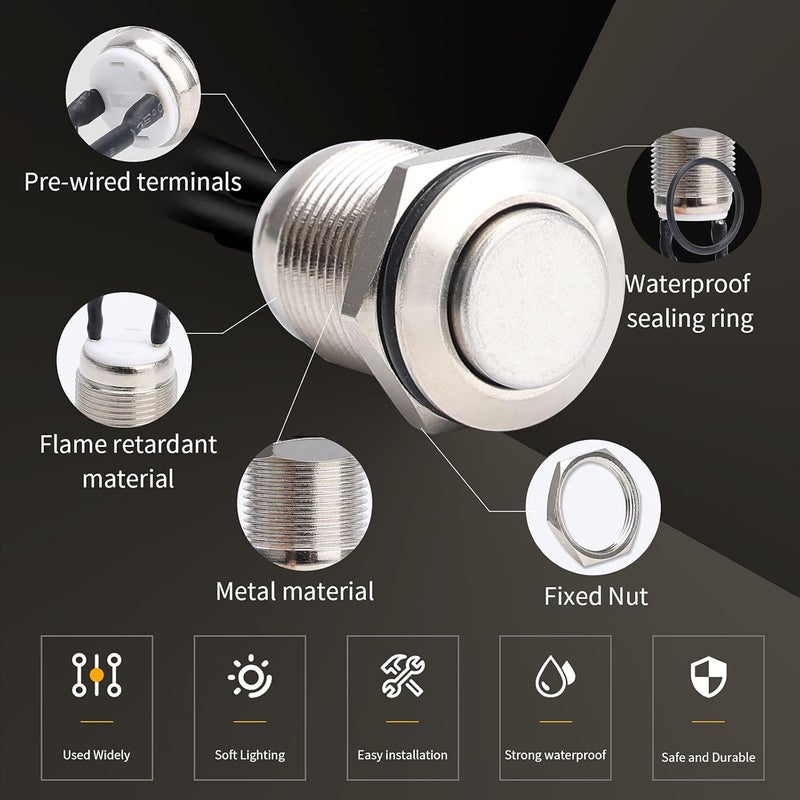 STARELO 5pcs 12mm Momentary Push Button Switch Silver Shell with pre-Wiring, IP65 Waterproof Push Button Switch,Stainless Steel 1 Normally Open Without LED. - Image 5